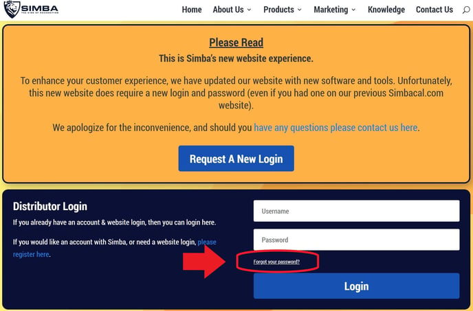 Simba website login screen